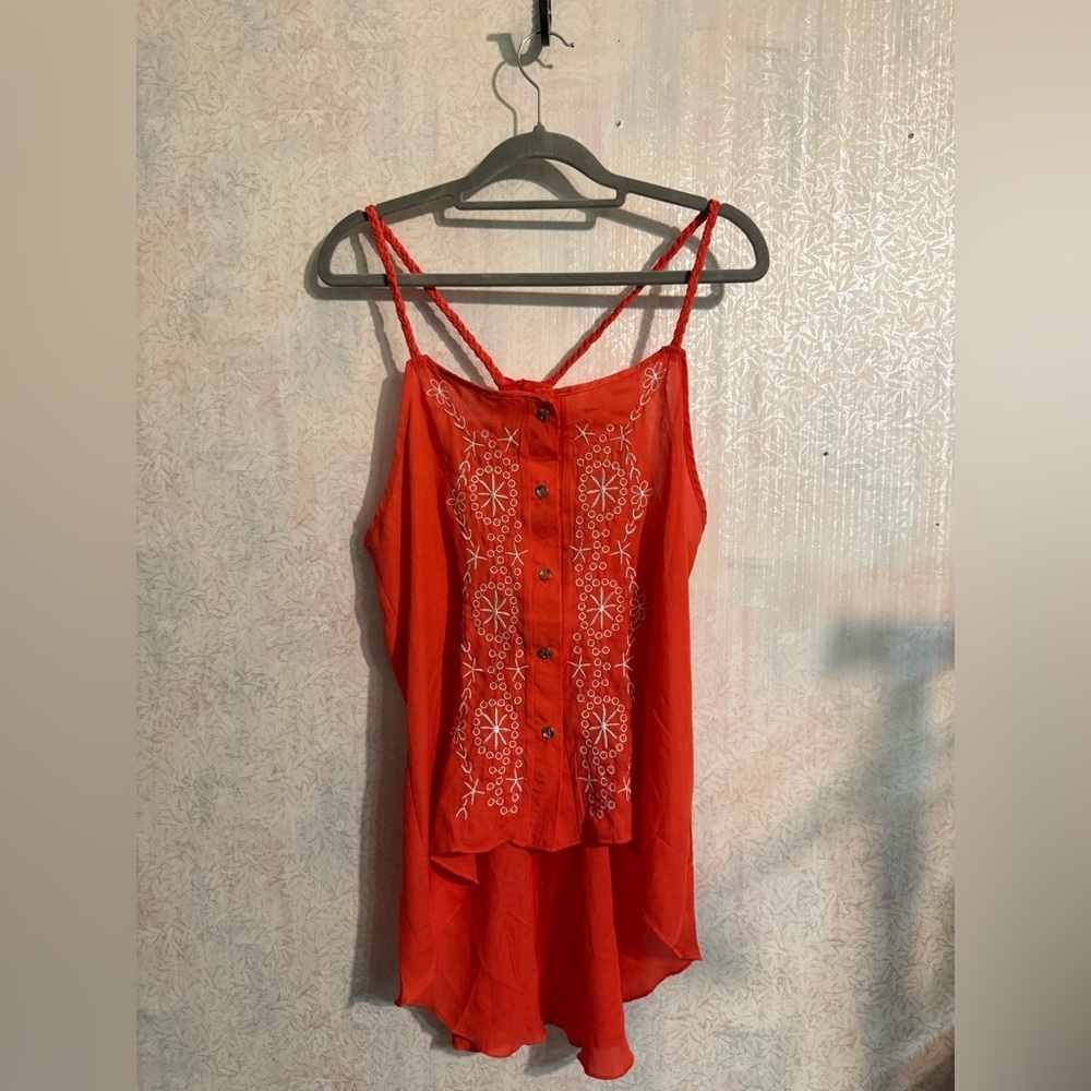 Blu Planet Coral/Orange Embroidered High Low Hem Braided Straps T Back Camisole